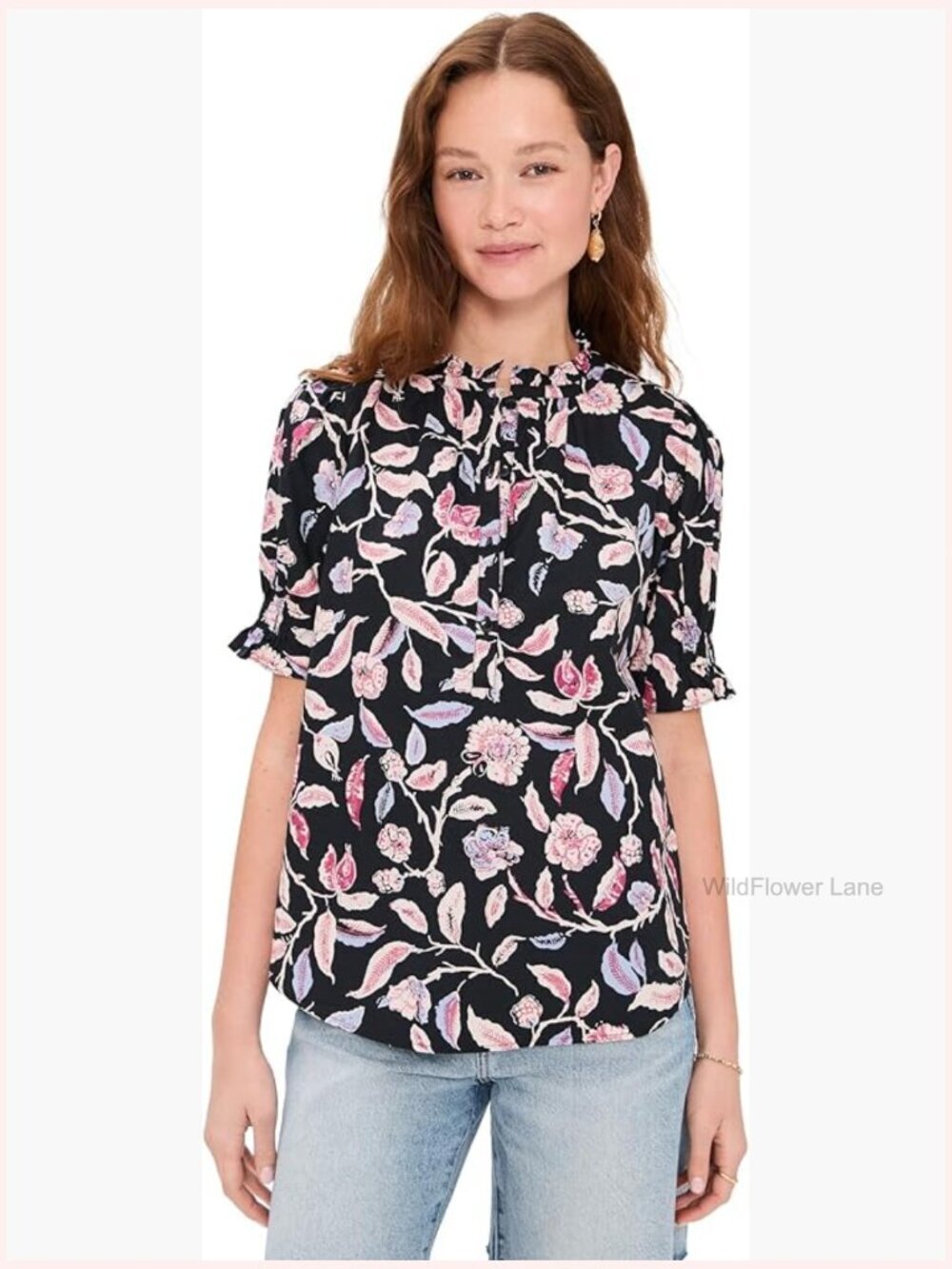 Mock Neck Puff Sleeve Blouse - Floral Print, Lightweight Cotton